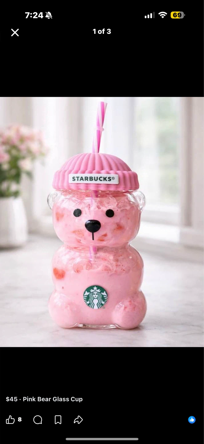 Starbucks Pink Bear Glass Cup with Straw