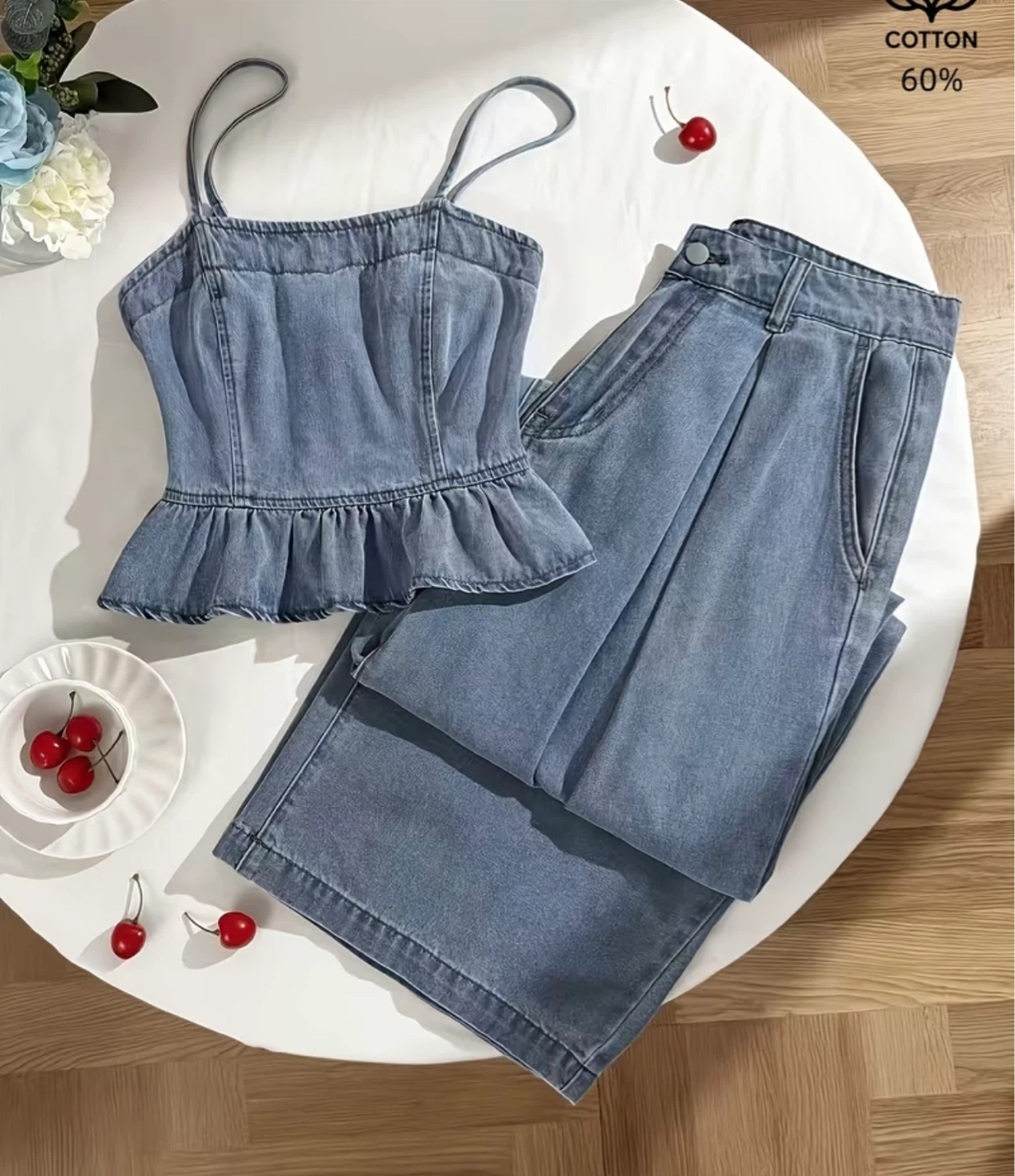 Blue Denim Peplum Cami and Wide Leg Pants Set