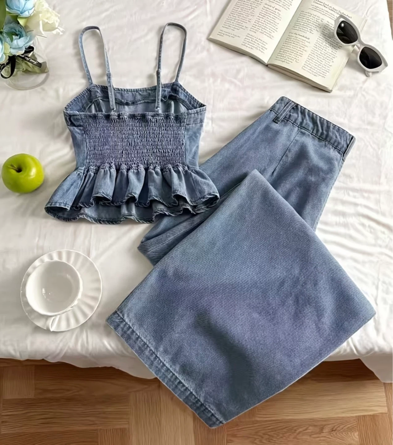 Blue Denim Peplum Cami and Wide Leg Pants Set - photo 3