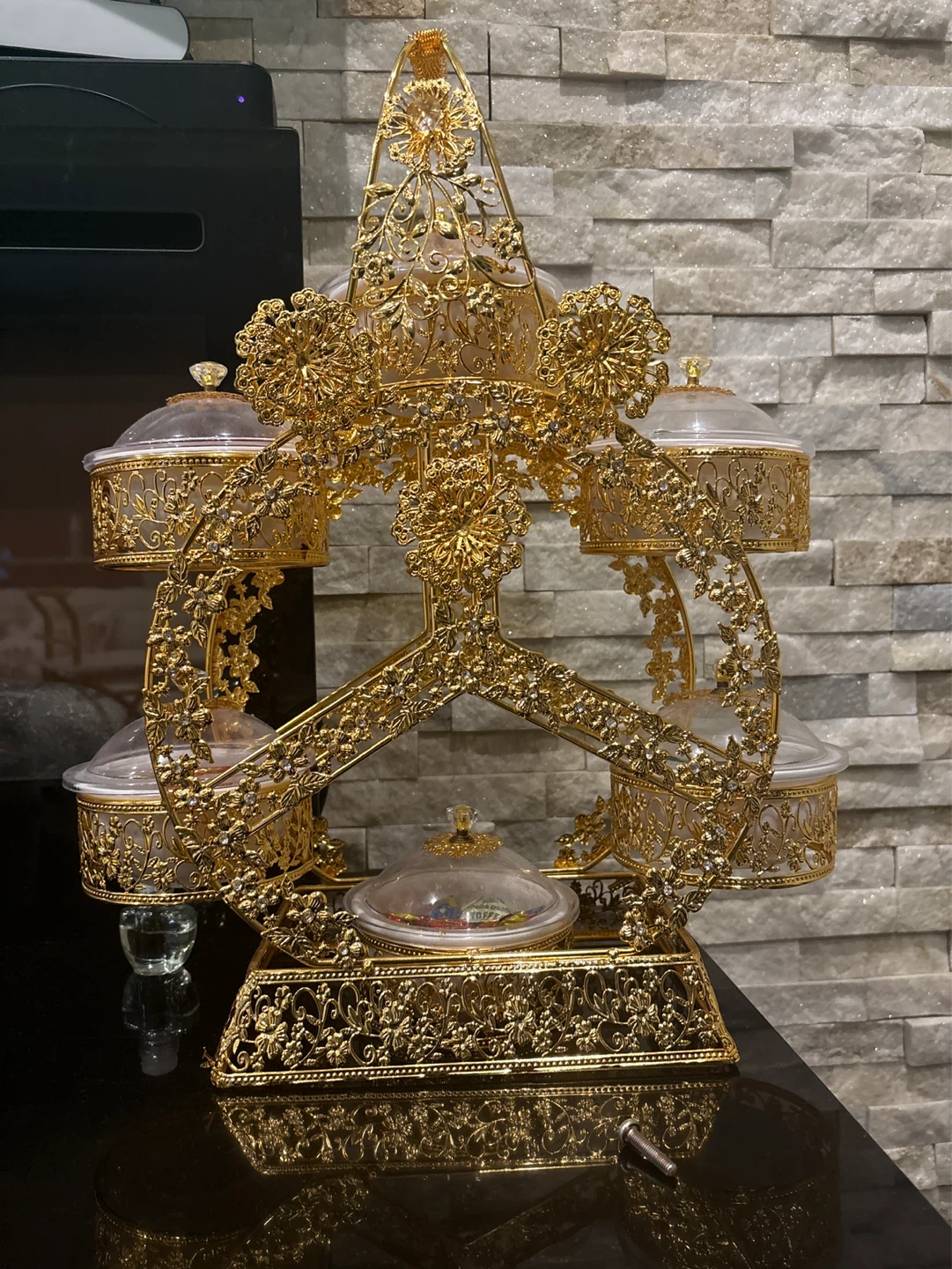 Gold ornate serving stand with 6 clear bowls