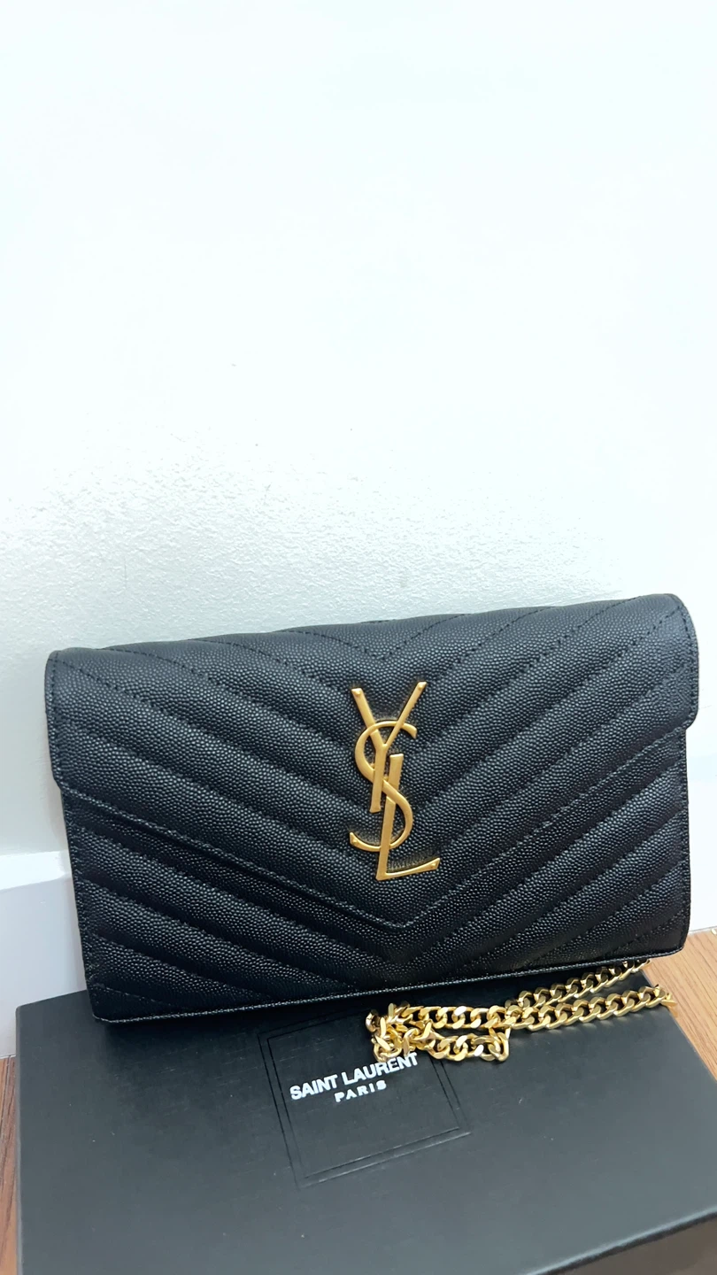 Saint Laurent Paris Black Chevron Wallet On Chain Bag