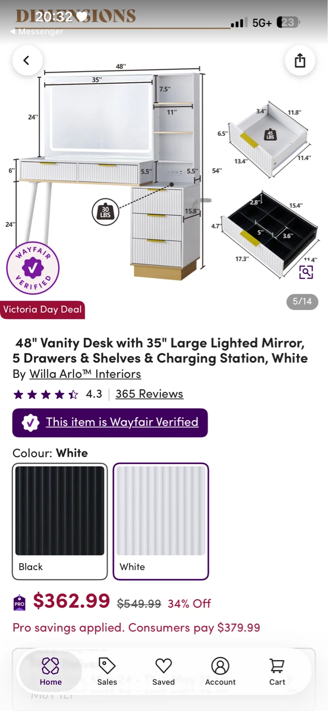 Willa Arlo 48" Vanity Desk with Lighted Mirror, 5 Drawers