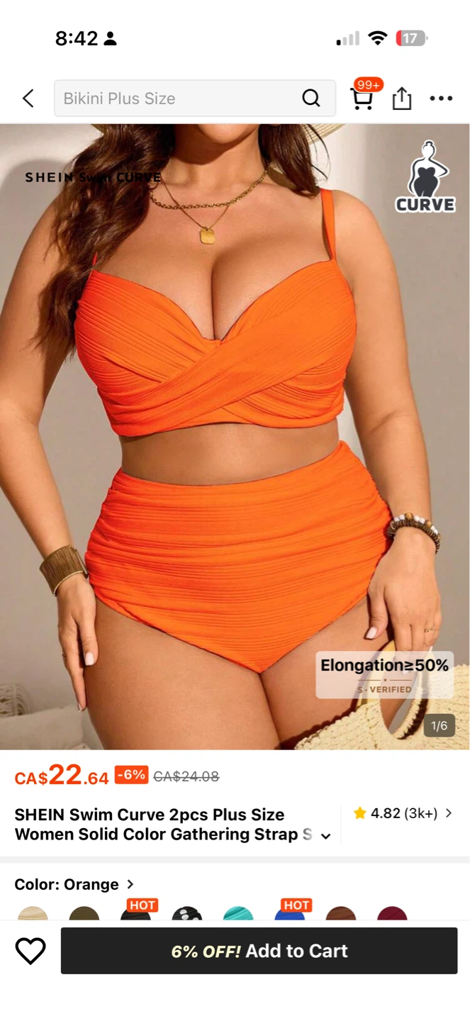 SHEIN Swim Curve 2 Piece Plus Size Orange Gathering Strap Bikini