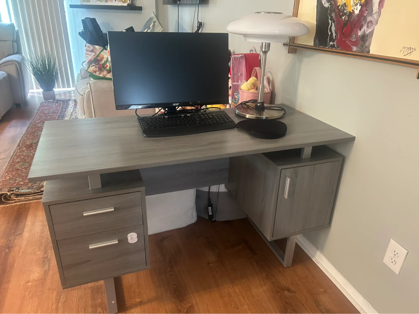 Modern Gray Desk with Drawers and Cabinet