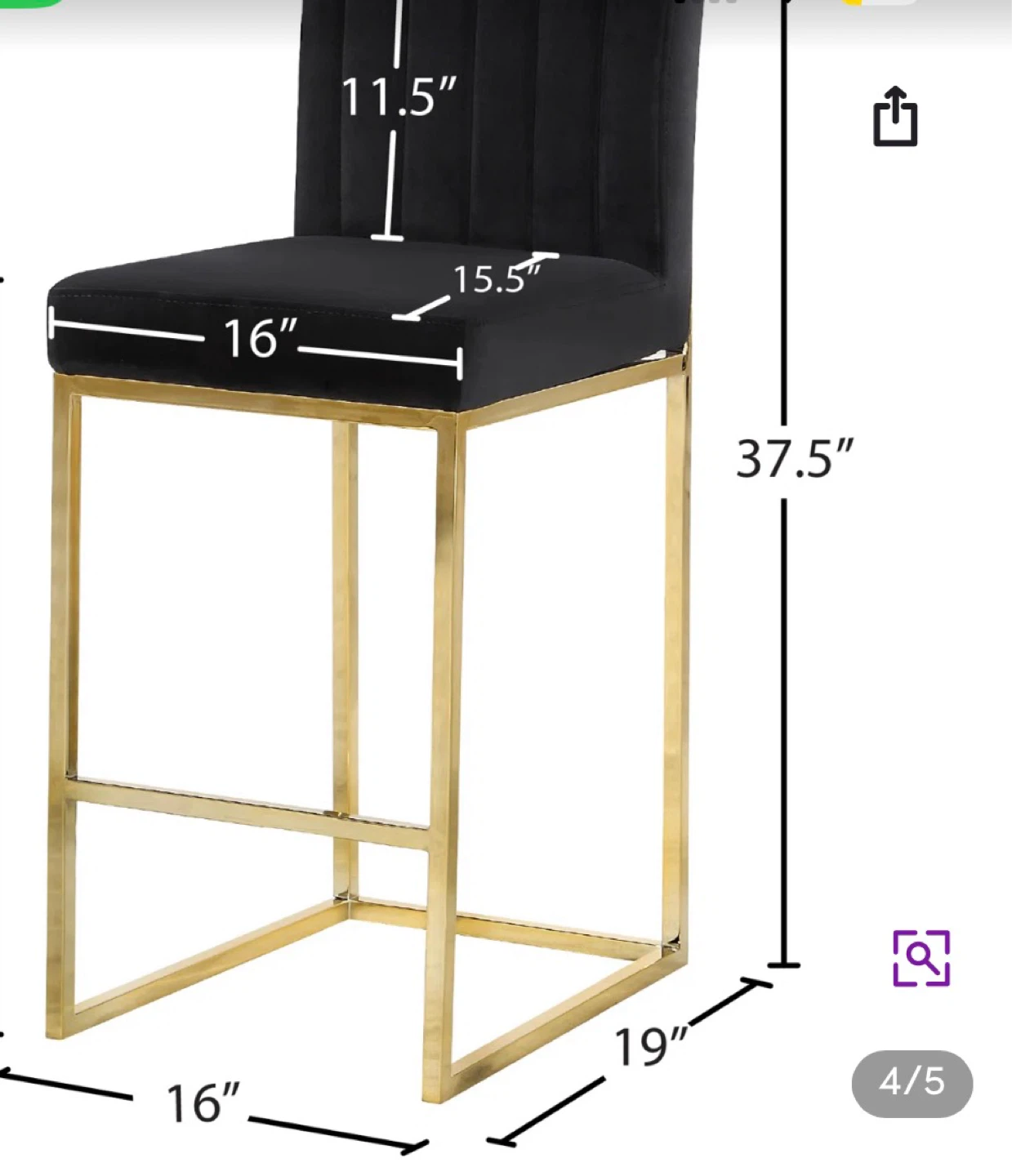 Black Velvet Bar Stool with Gold Frame - photo 3