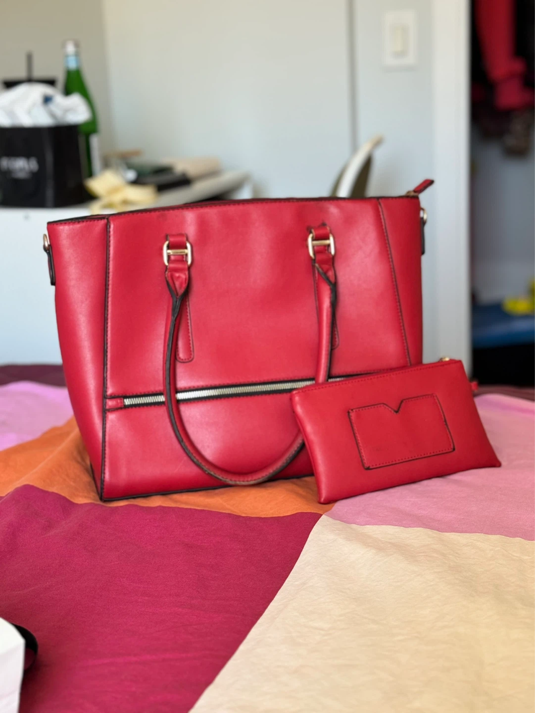 Red Leather Tote Bag with Matching Pouch