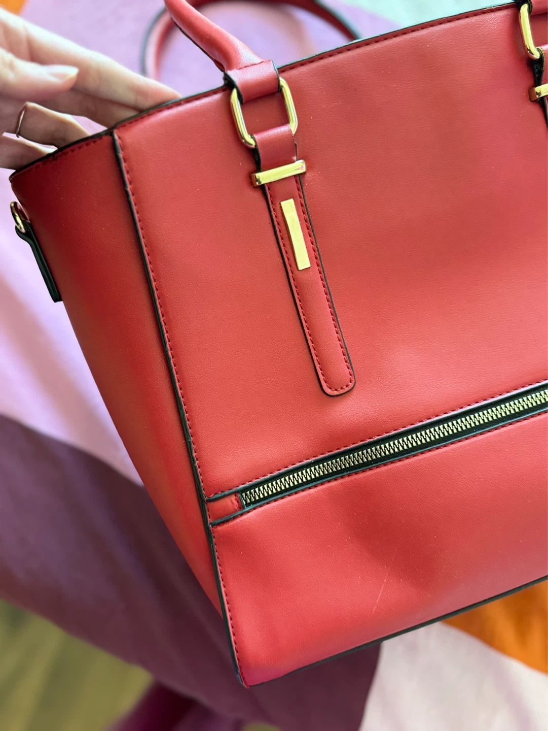 Red Leather Tote Bag with Matching Pouch - photo 2