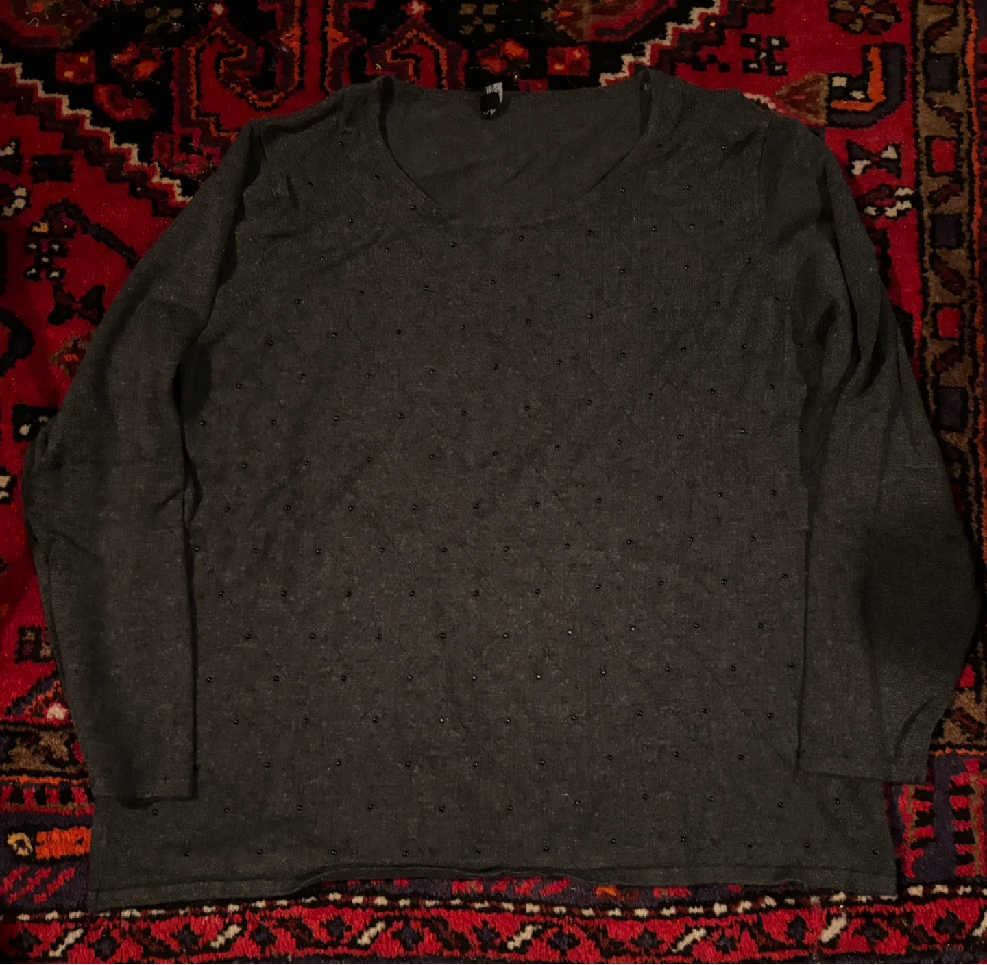 Women's Grey Beaded V-Neck Sweater