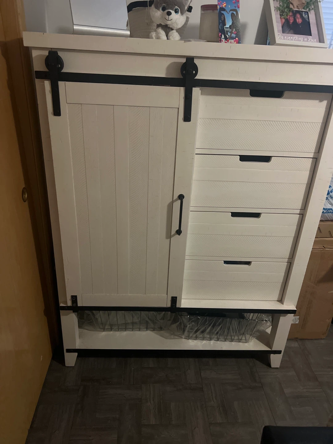 White Barn Door Dresser with Drawers and Baskets