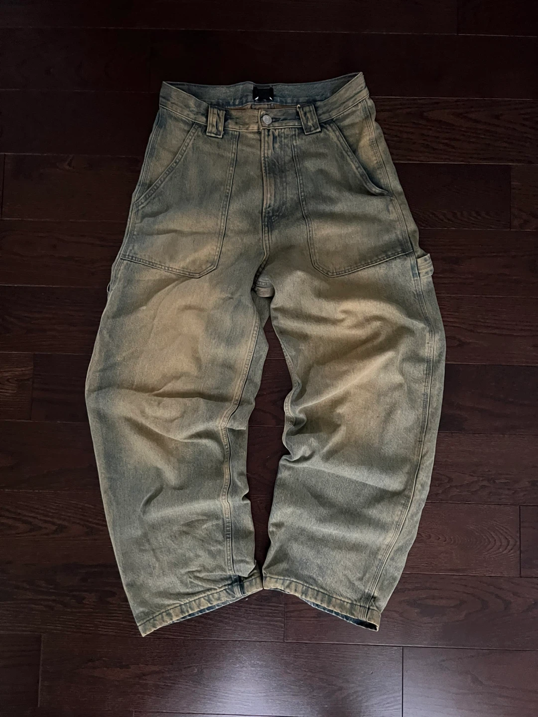 Distressed Y2K Vintage Wash Baggy Denim - Faded Green/Brown