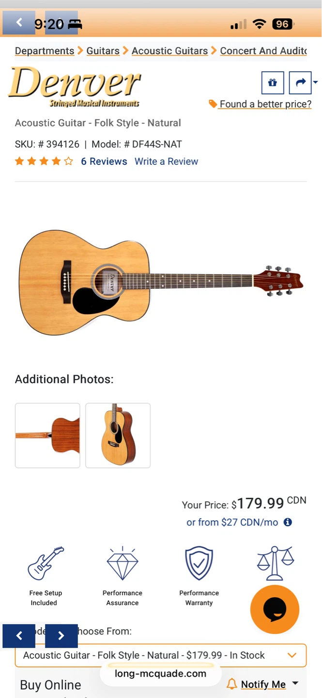 Denver Acoustic Guitar Folk Style - Natural