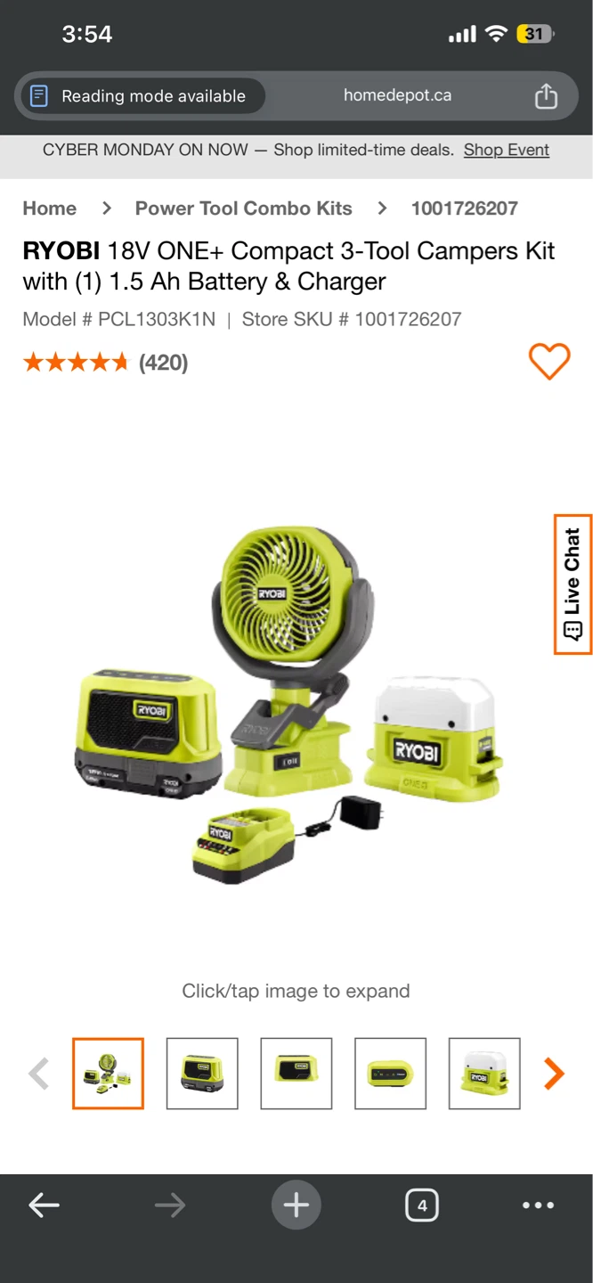 Ryobi 18V ONE+ Compact 3-Tool Campers Kit with Battery & Charger