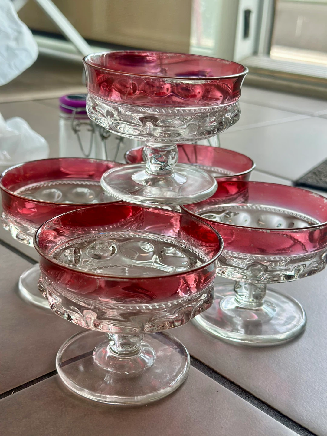 Set of 5 Vintage Red Rimmed Dessert Glasses