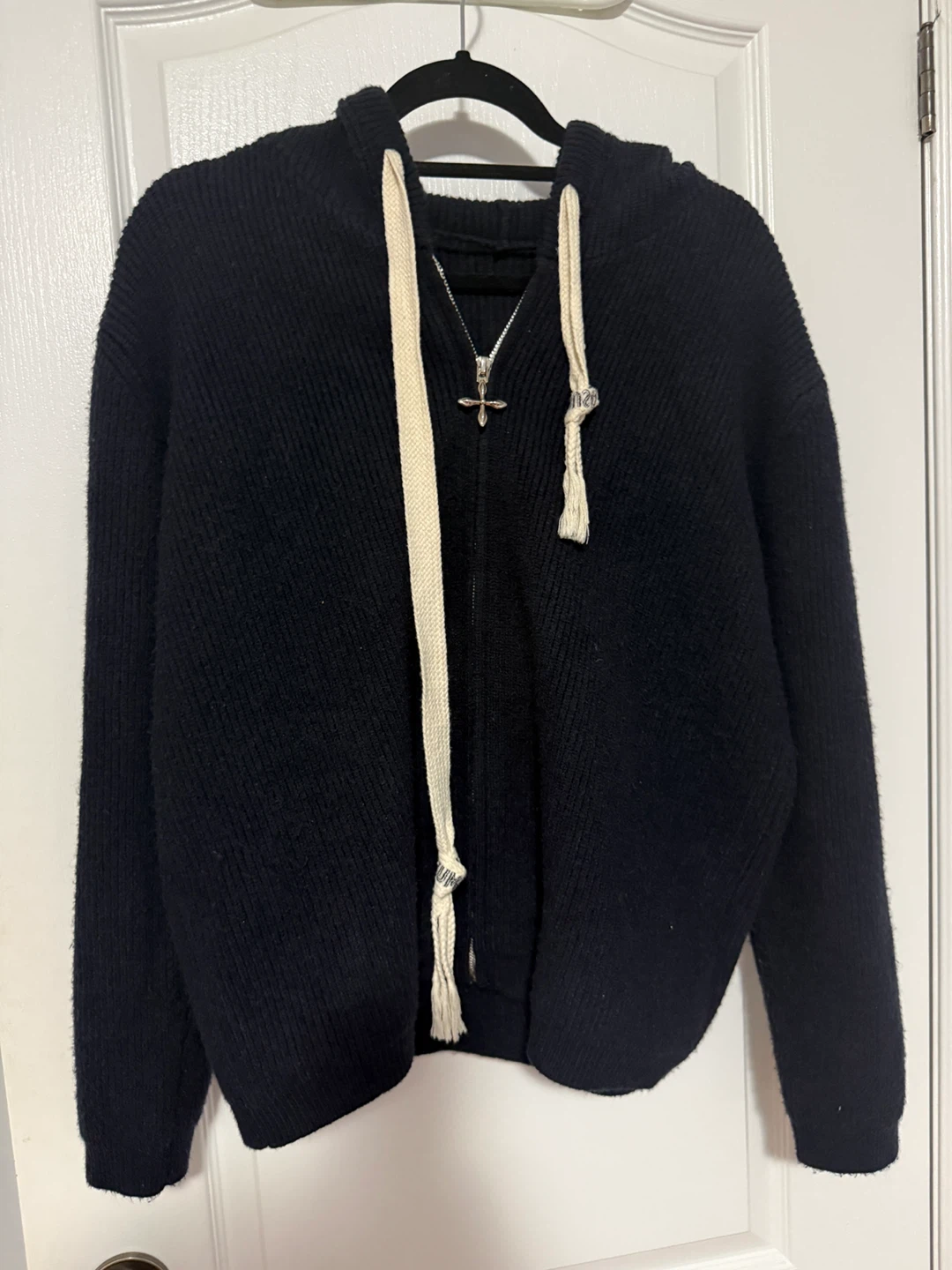 Black Knit Hoodie with Cross Zipper Pull