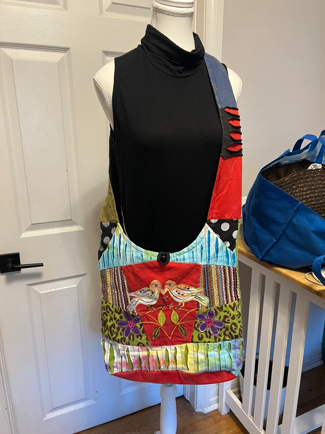 Bohemian Patchwork Shoulder Bag with Bird Appliqué