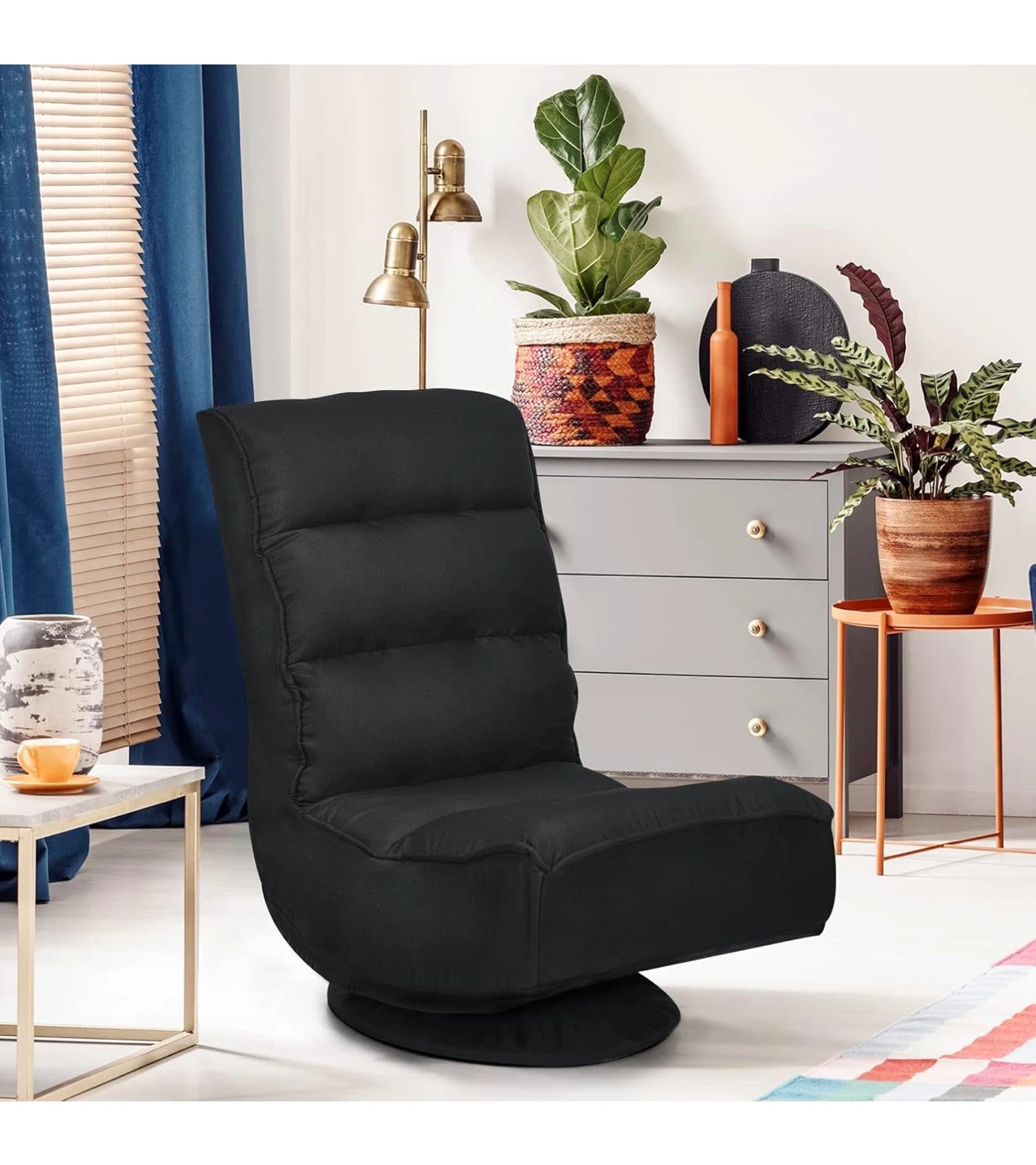 Black Swivel Floor Chair with 5-Position Adjustable Backrest