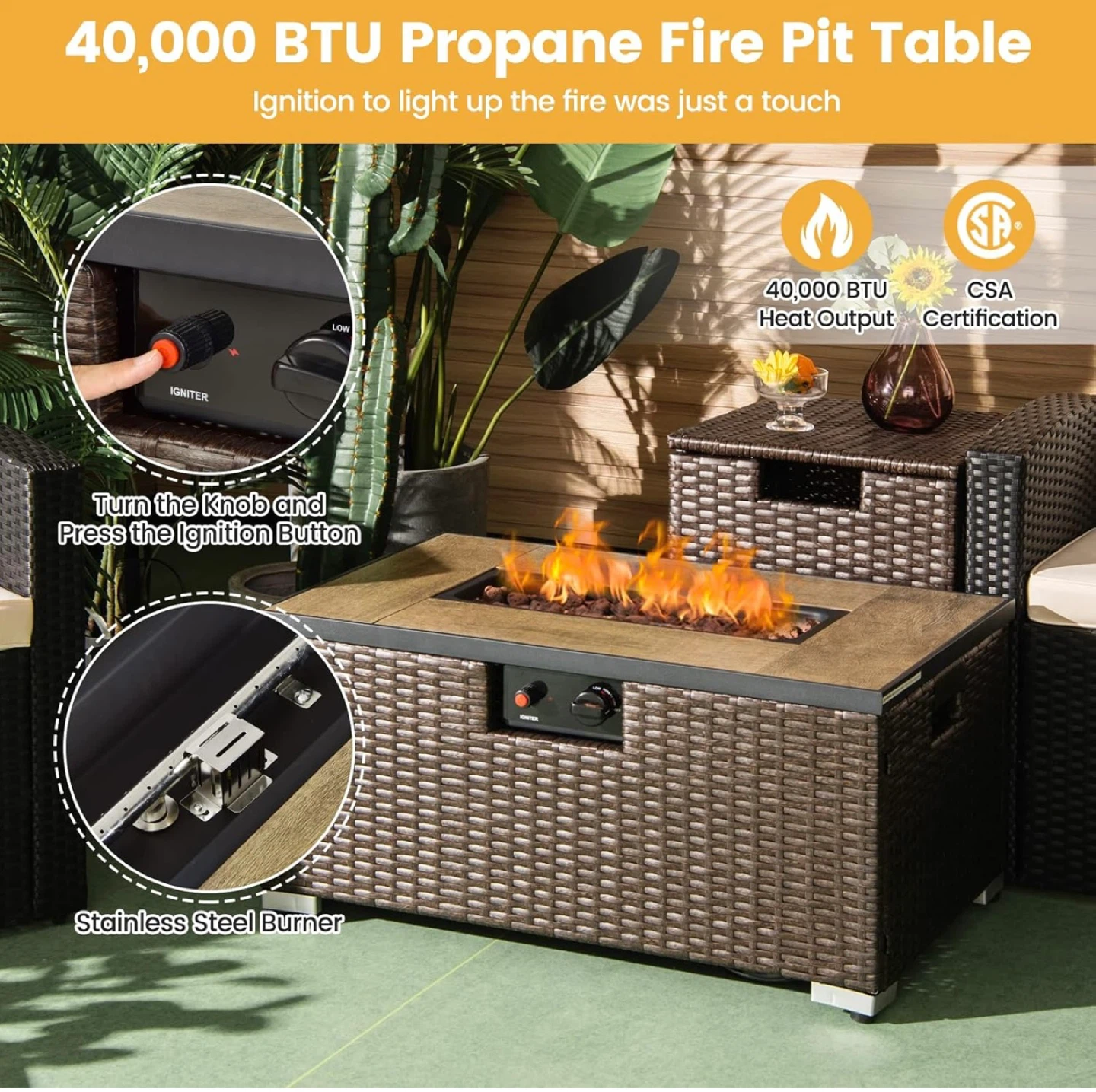 40,000 BTU Propane Fire Pit Table - 2-in-1 Design