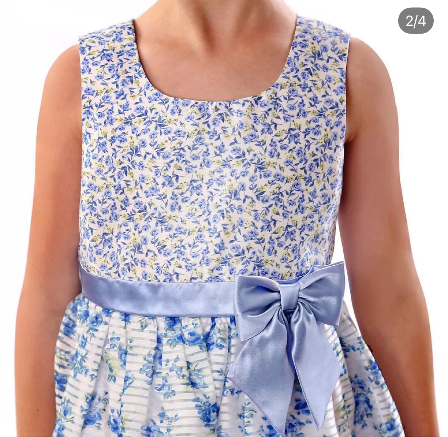 Girls Blue Floral Dress with Bow - photo 3