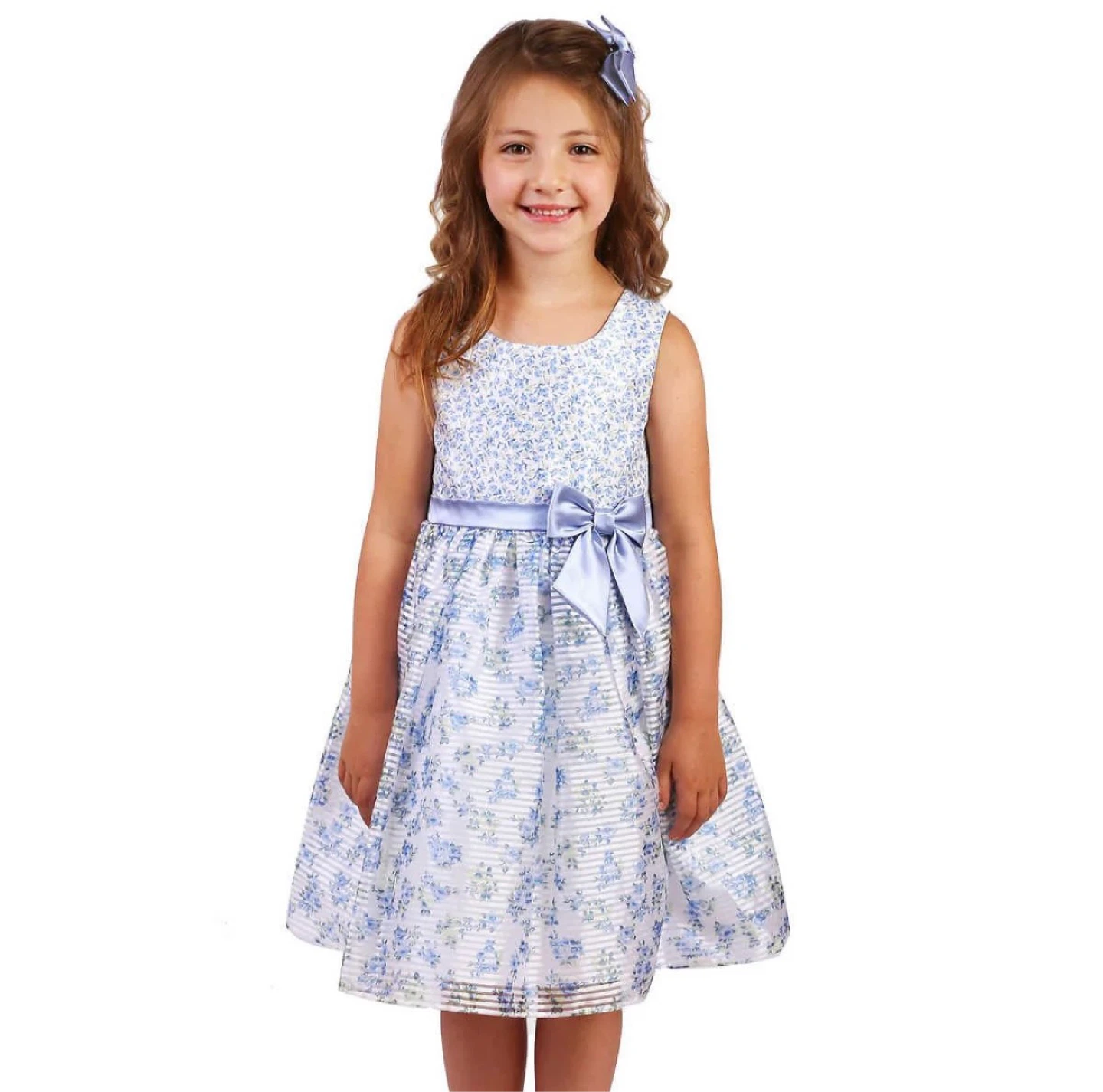 Girls Blue Floral Dress with Bow