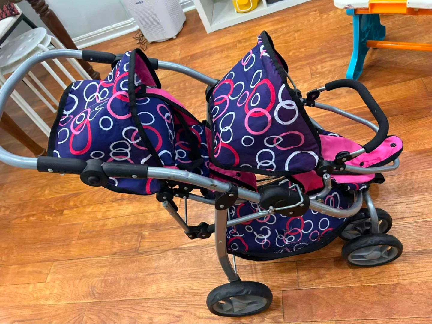 Doll Double Stroller Tandem Blue Pink Circles