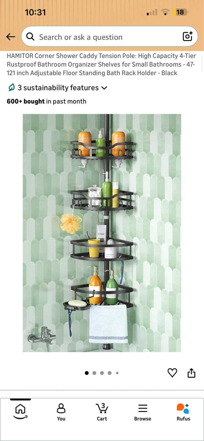 NEW! HAMITOR Corner Shower Caddy Tension Pole Organizer - Black