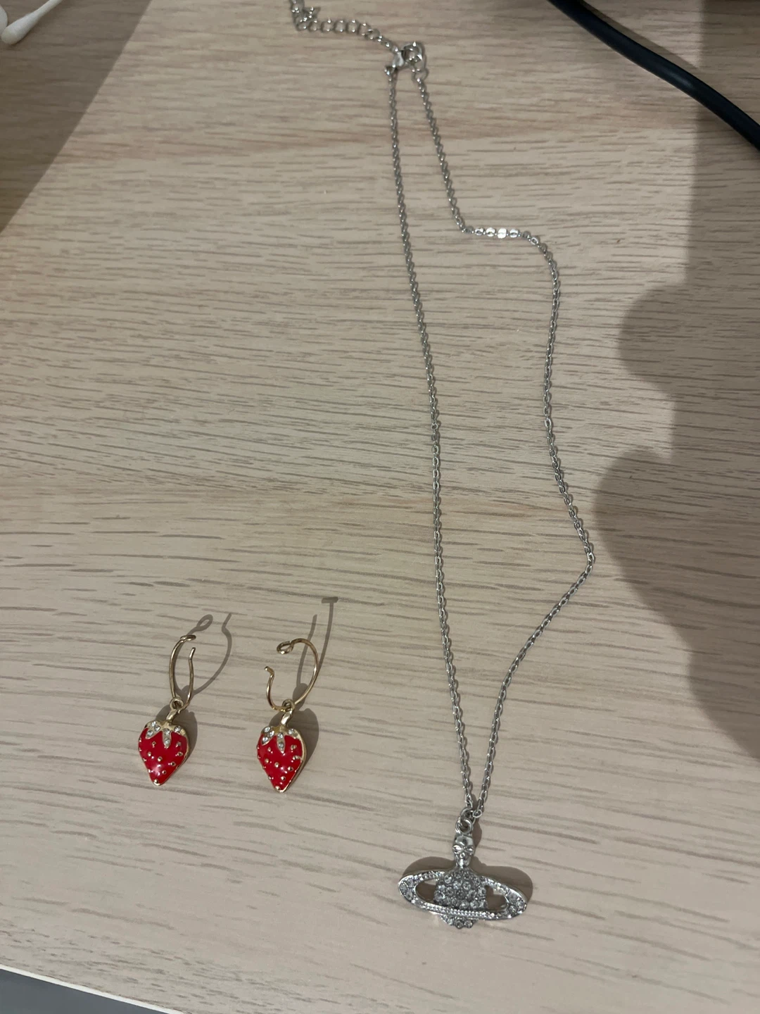 Strawberry earrings and silver necklace