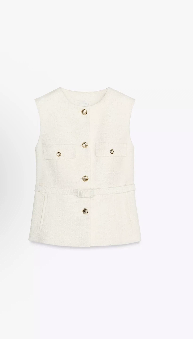 ZARA Cream Tweed Sleeveless Belted Vest - photo 2