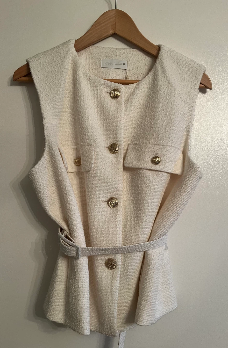 ZARA Cream Tweed Sleeveless Belted Vest - photo 3