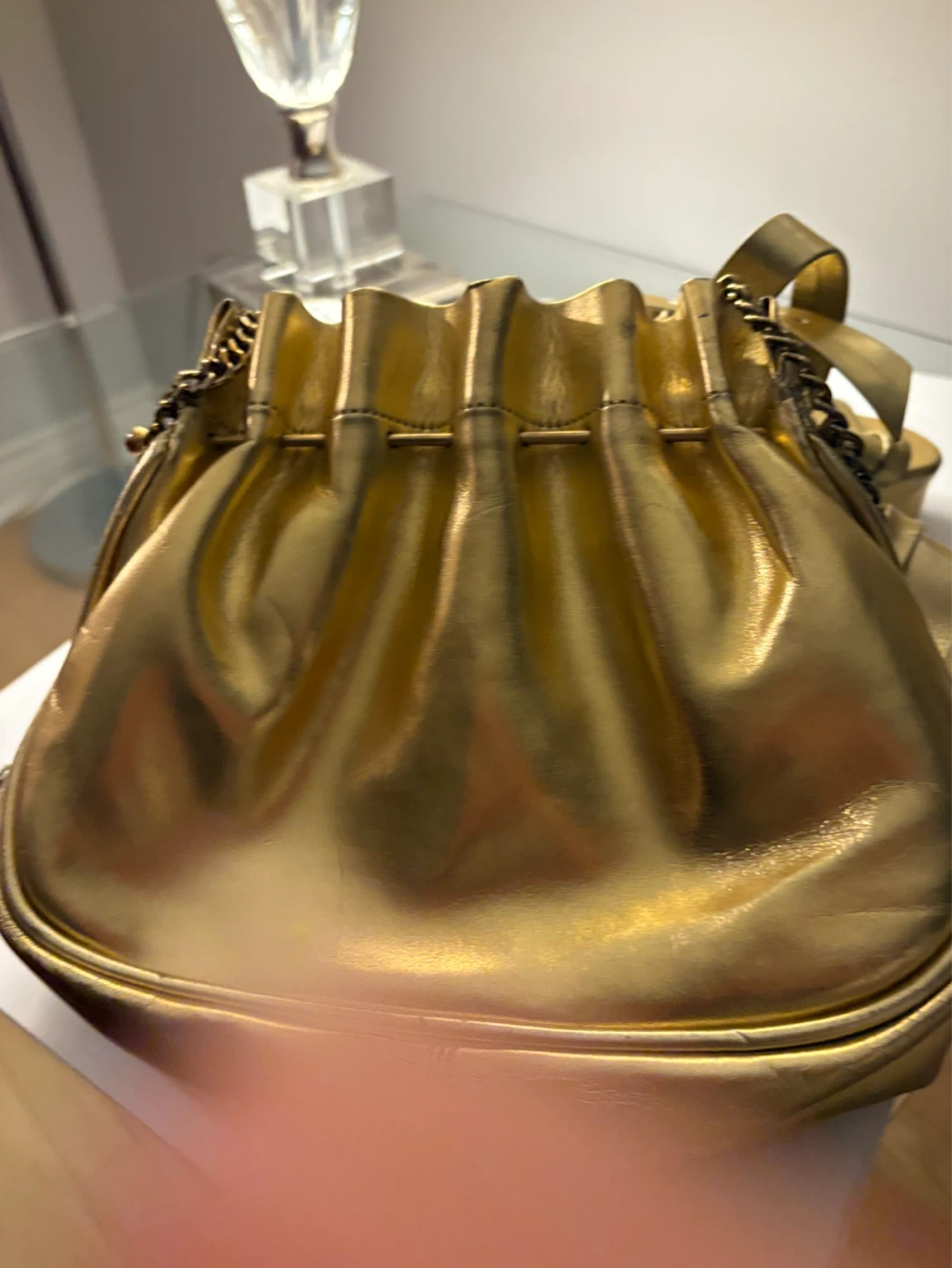 Gold Metallic Platform Sandals and Matching Drawstring Bag - photo 3