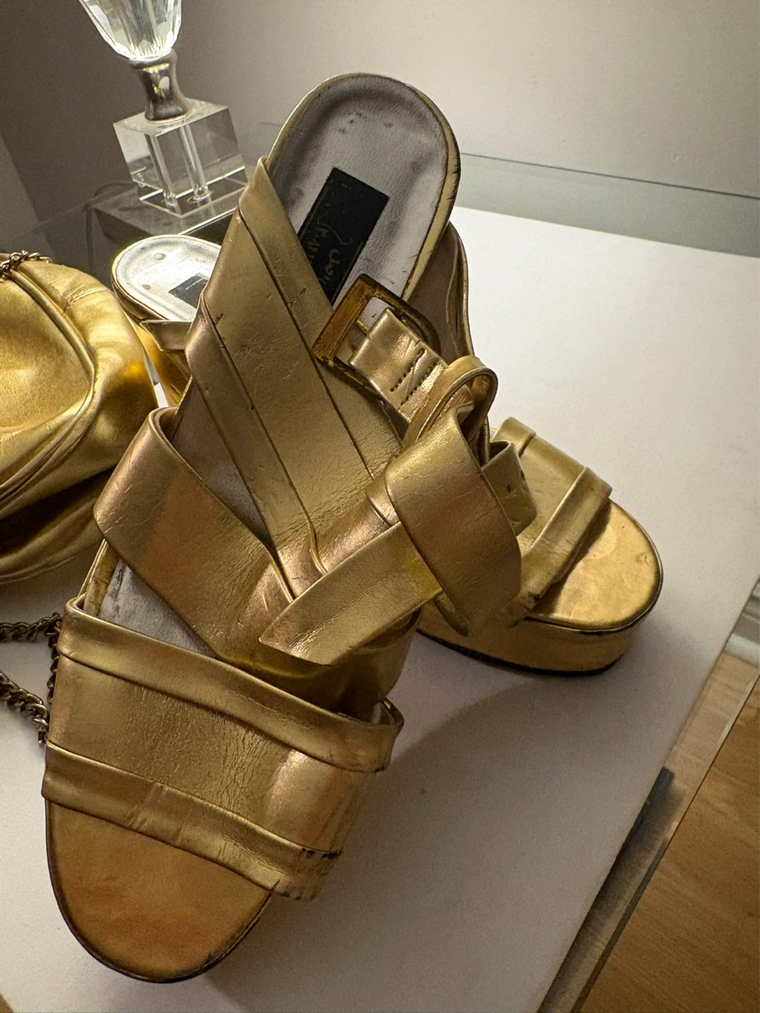 Gold Metallic Platform Sandals and Matching Drawstring Bag