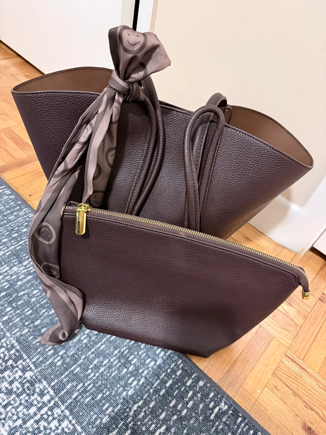 Brown Faux Leather Tote Bag with Scarf and Pouch - photo 3