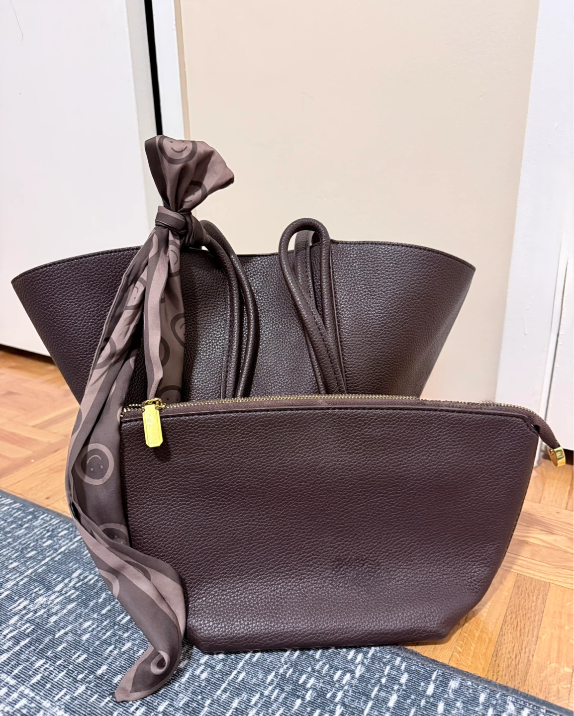 Brown Faux Leather Tote Bag with Scarf and Pouch - photo 2