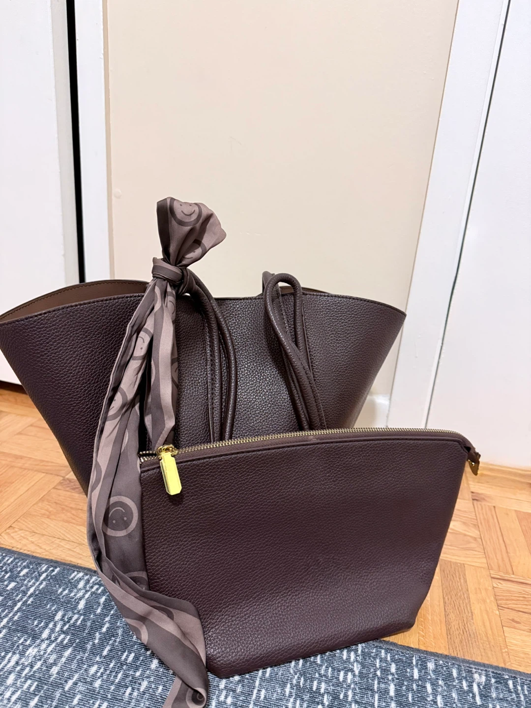 Brown Faux Leather Tote Bag with Scarf and Pouch