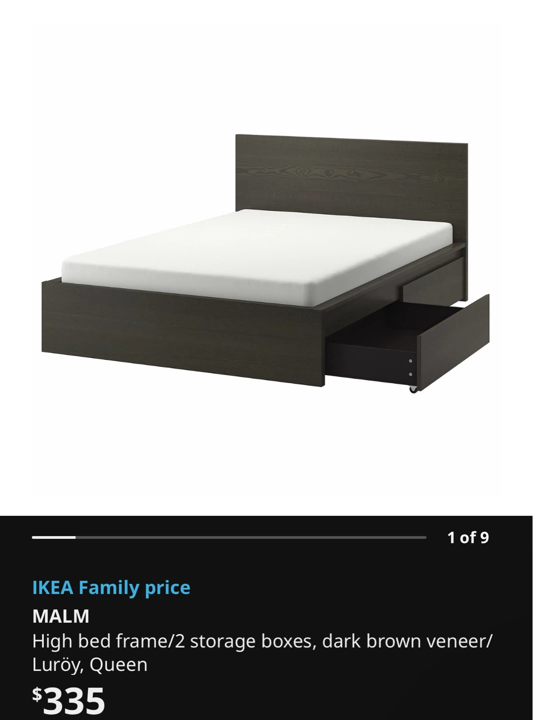 IKEA MALM Queen High Bed Frame with 2 Storage Boxes - Dark Brown