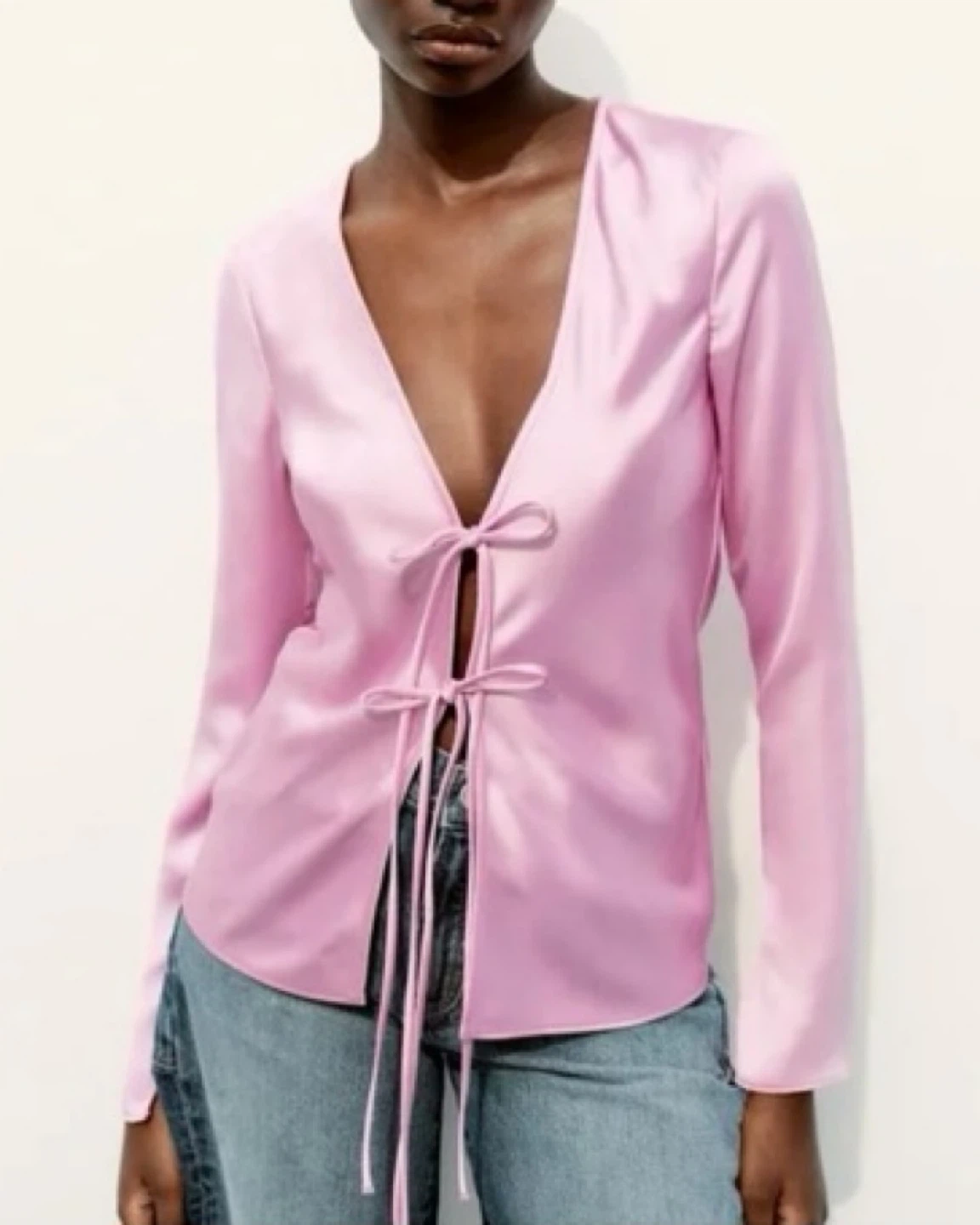 Zara Pink Satin Tie Front Blouse S - photo 2