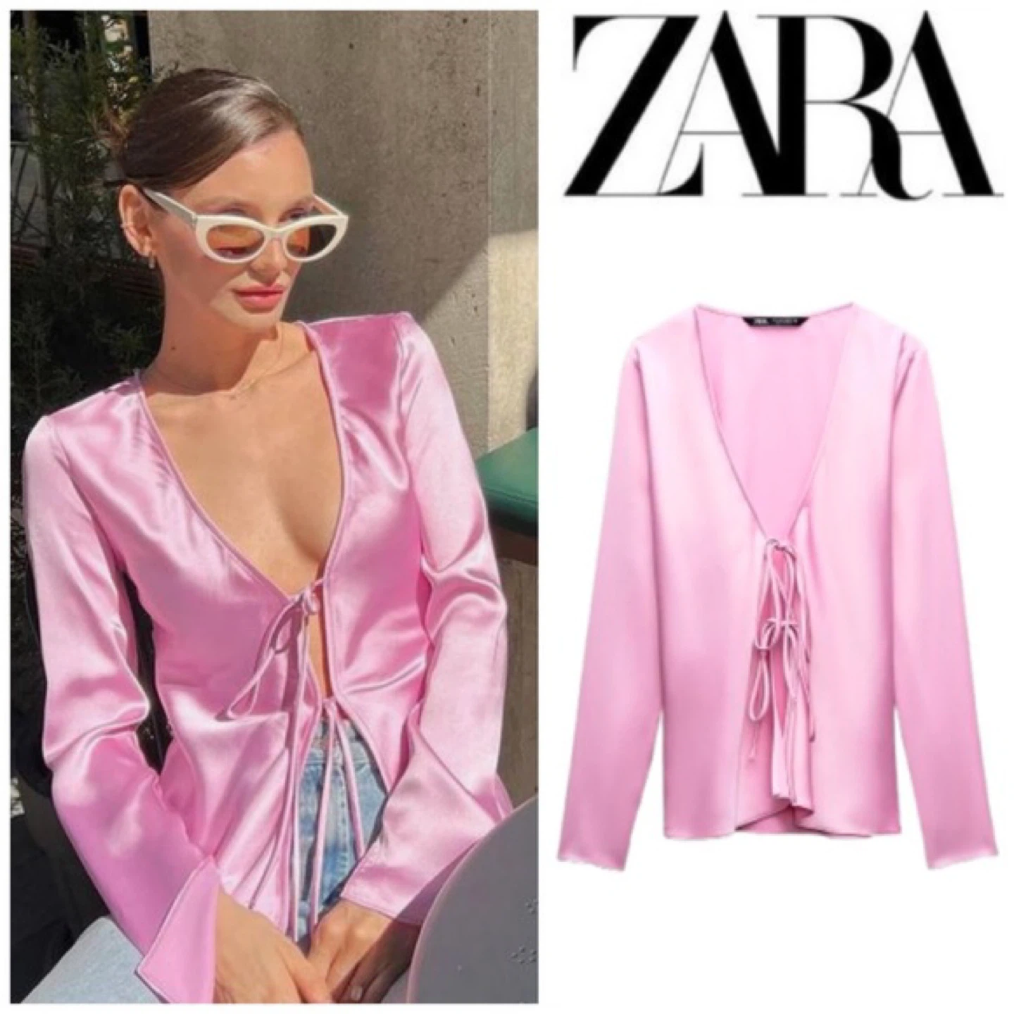 Zara Pink Satin Tie Front Blouse S