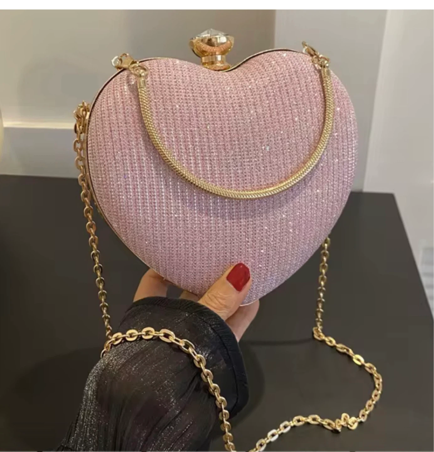 Pink Heart Glitter Clutch with Chain
