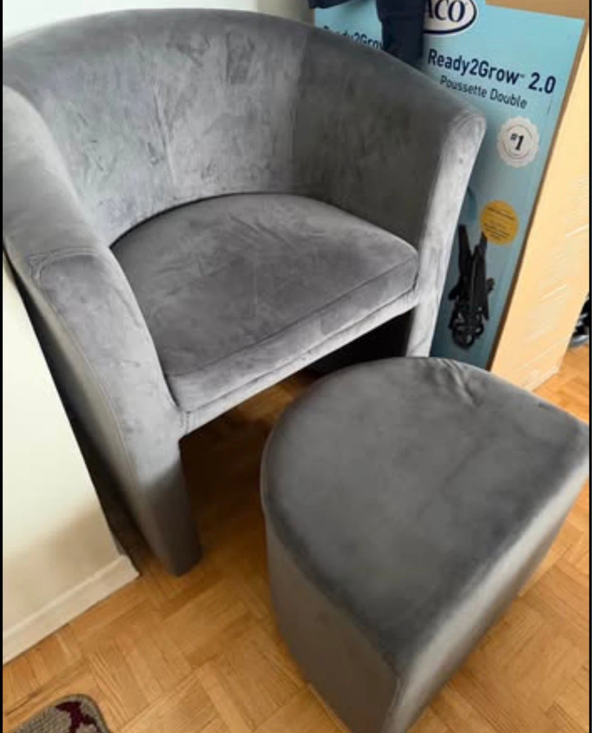 Grey Velvet Barrel Chair with Ottoman