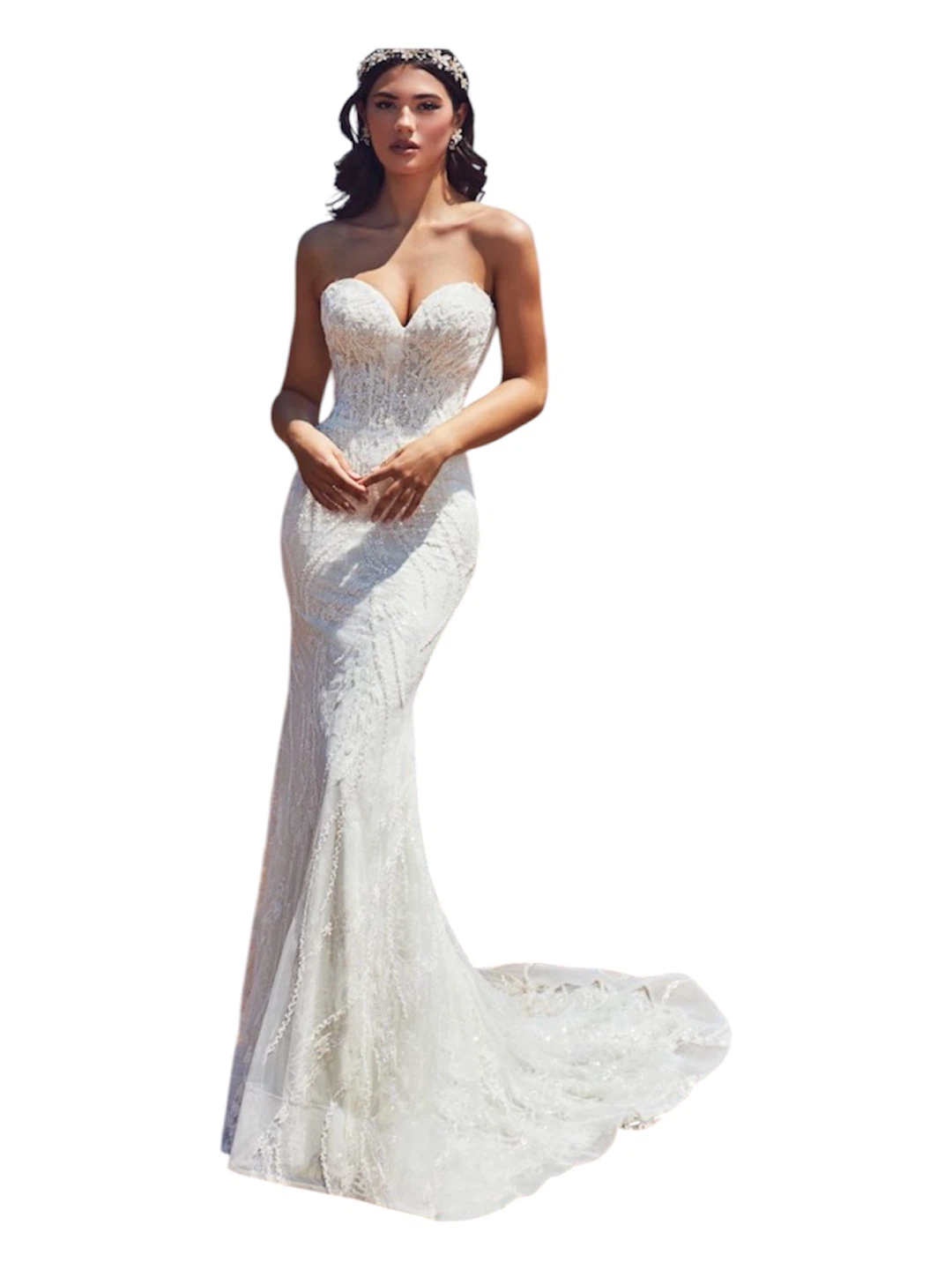 White Strapless Beaded Wedding Dress with Train - photo 2