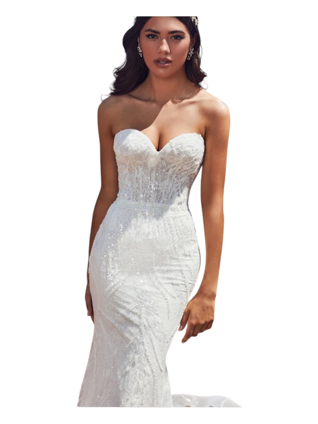 White Strapless Beaded Wedding Dress with Train