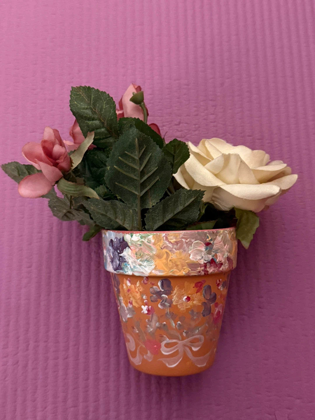 Hand-Painted Flower Pot with Artificial Roses - photo 2