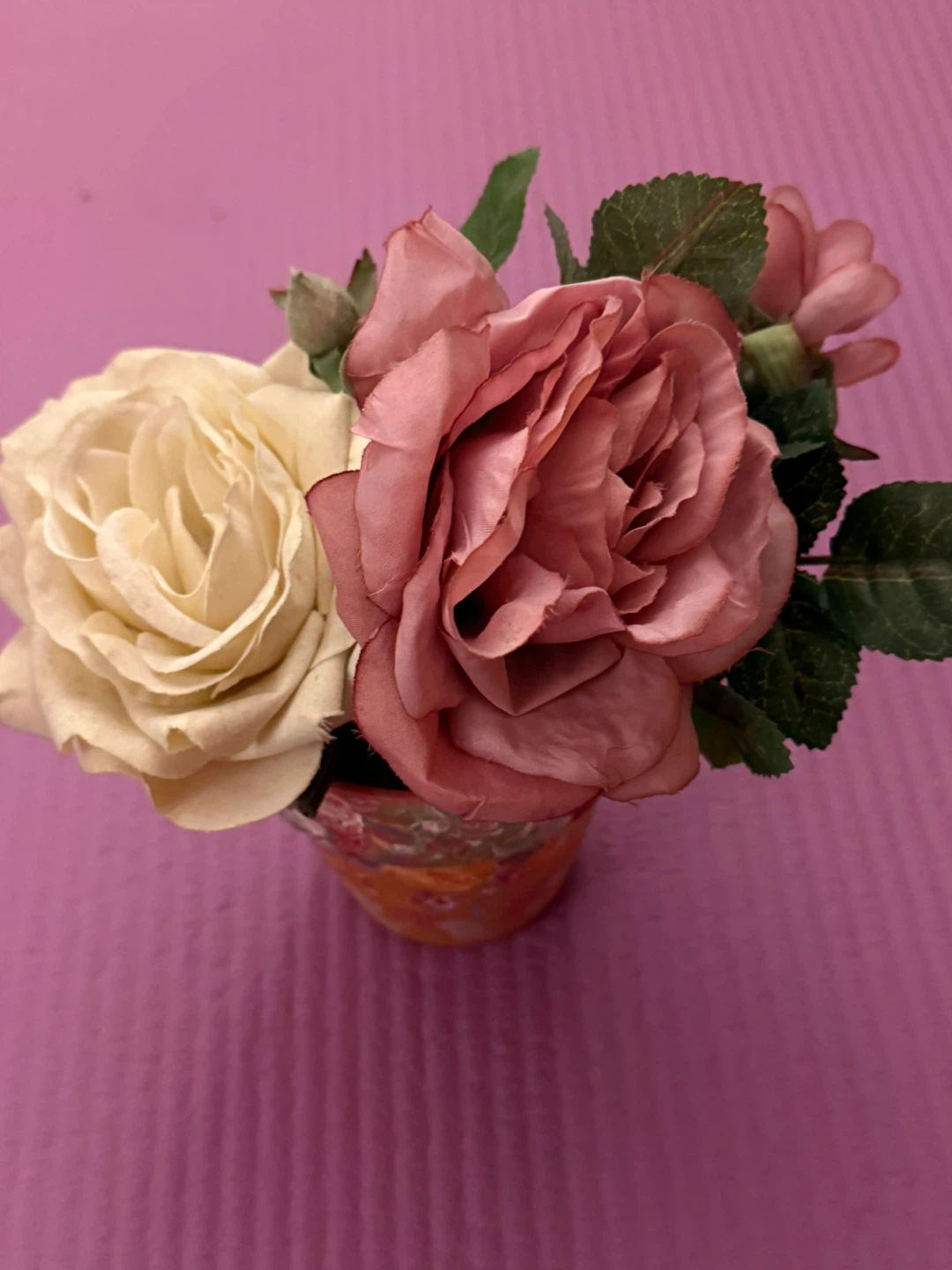 Hand-Painted Flower Pot with Artificial Roses