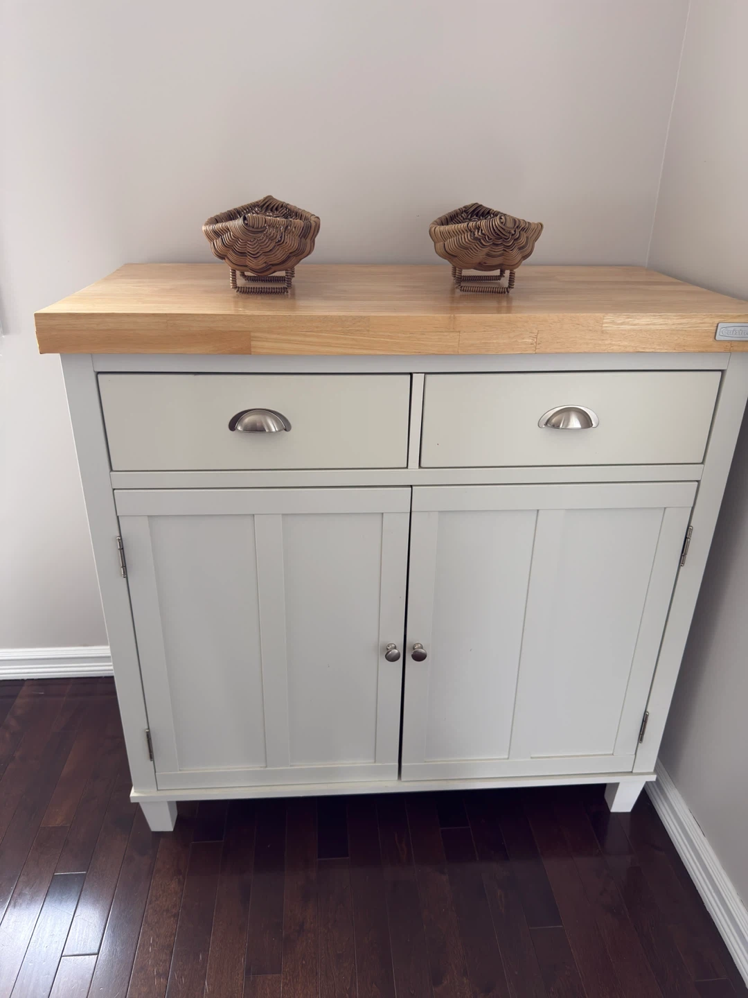 White Storage Cabinet with Butcher Block Top