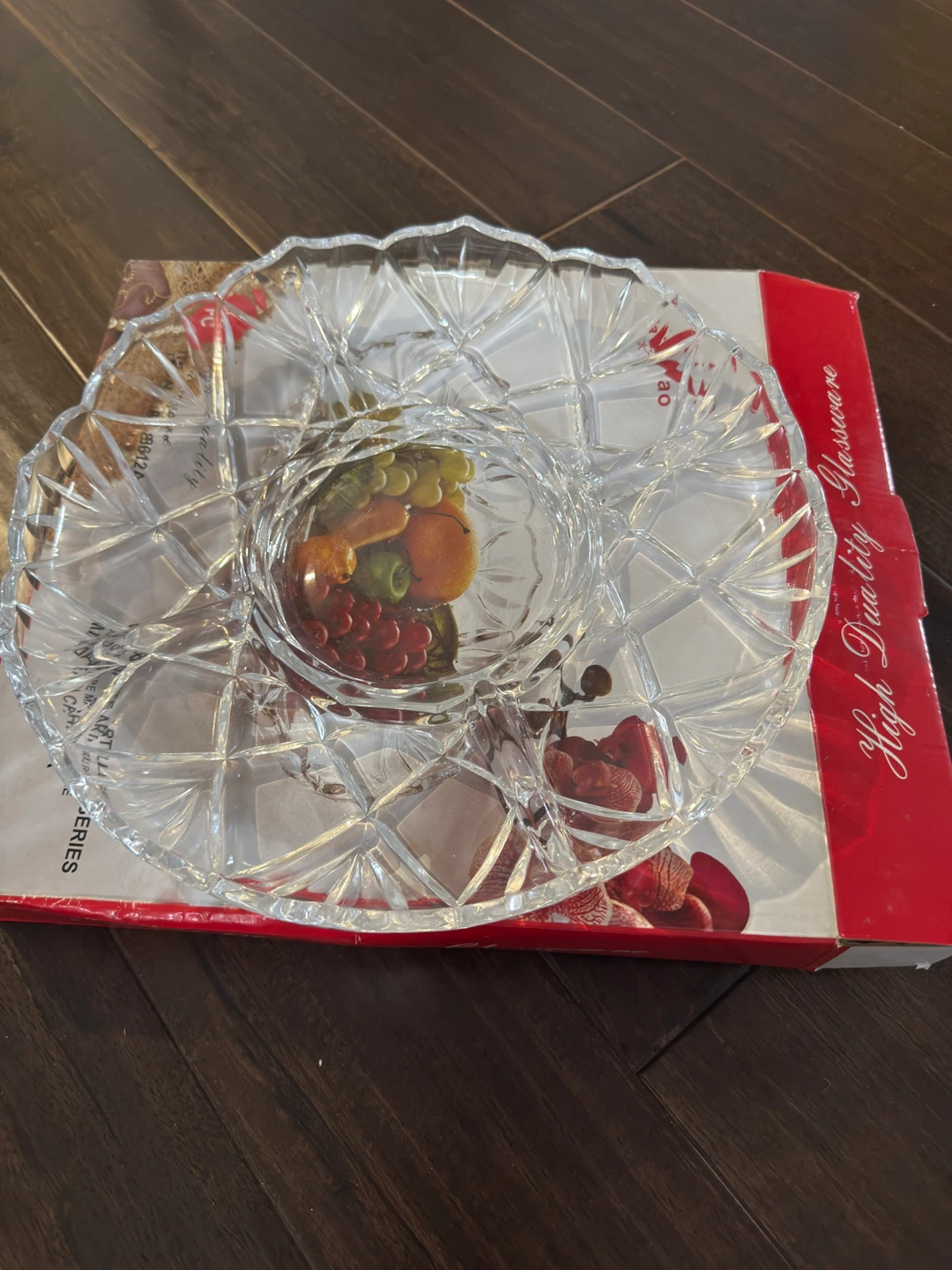 Clear Glass Divided Serving Platter with Fruit Design