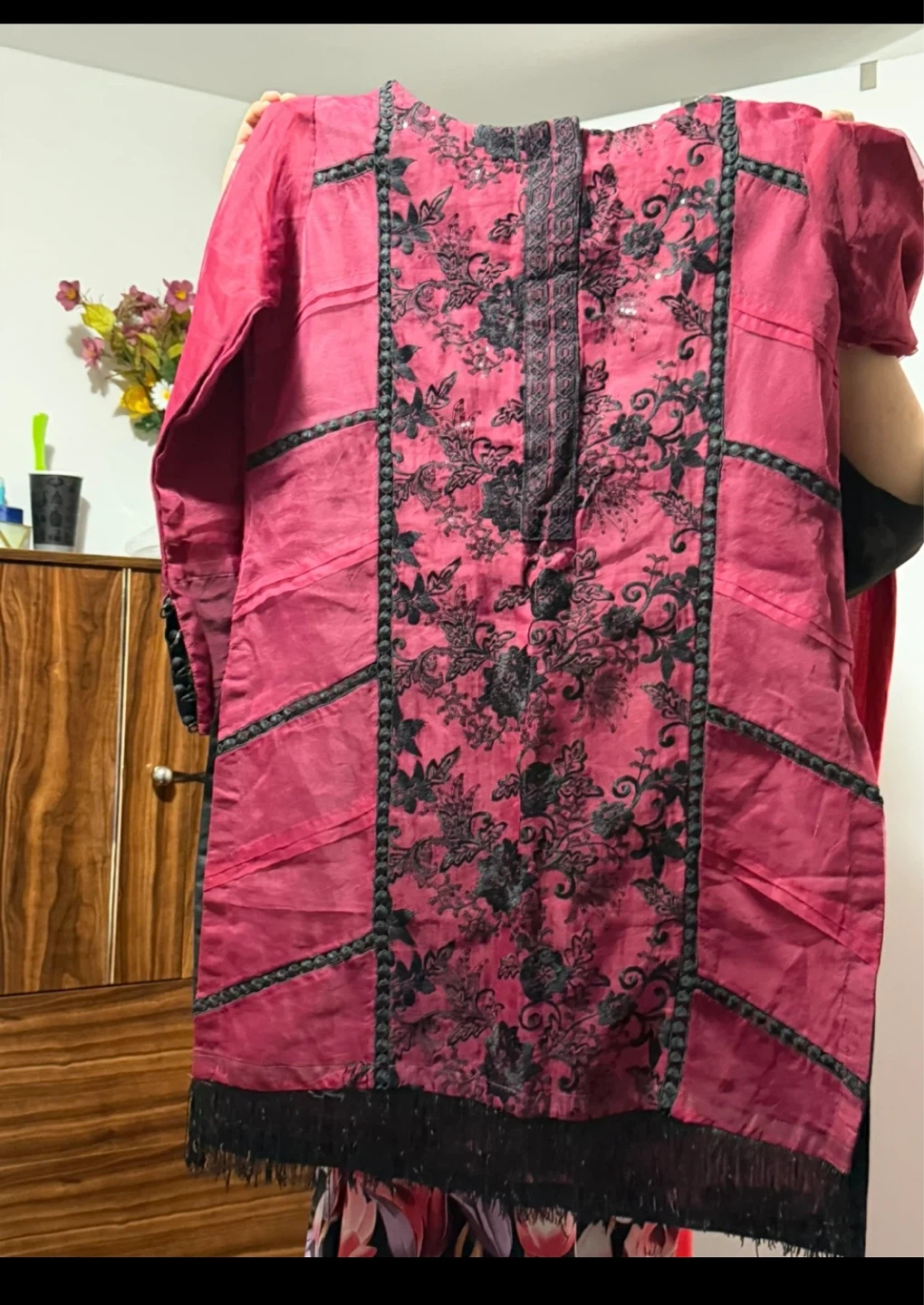 Pink Kurti with Black Floral Embroidery