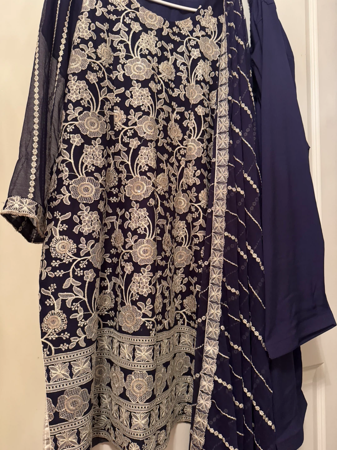 Women's Navy Blue Embroidered Kurti with Dupatta