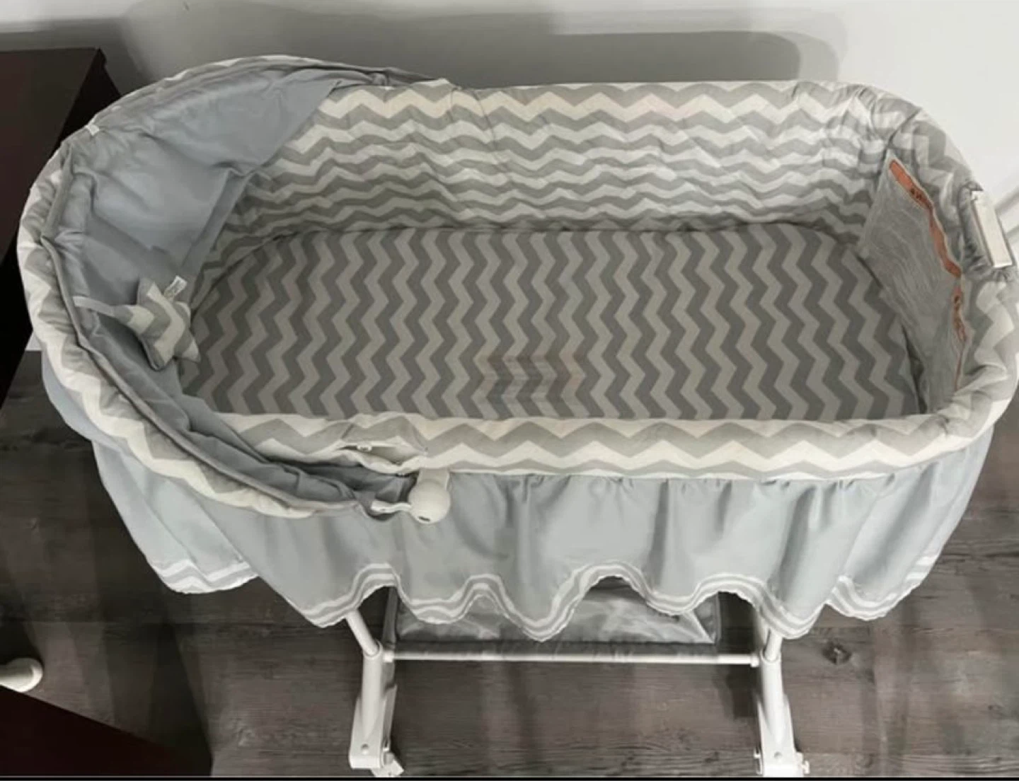 Grey Bassinet with Canopy and Storage Basket