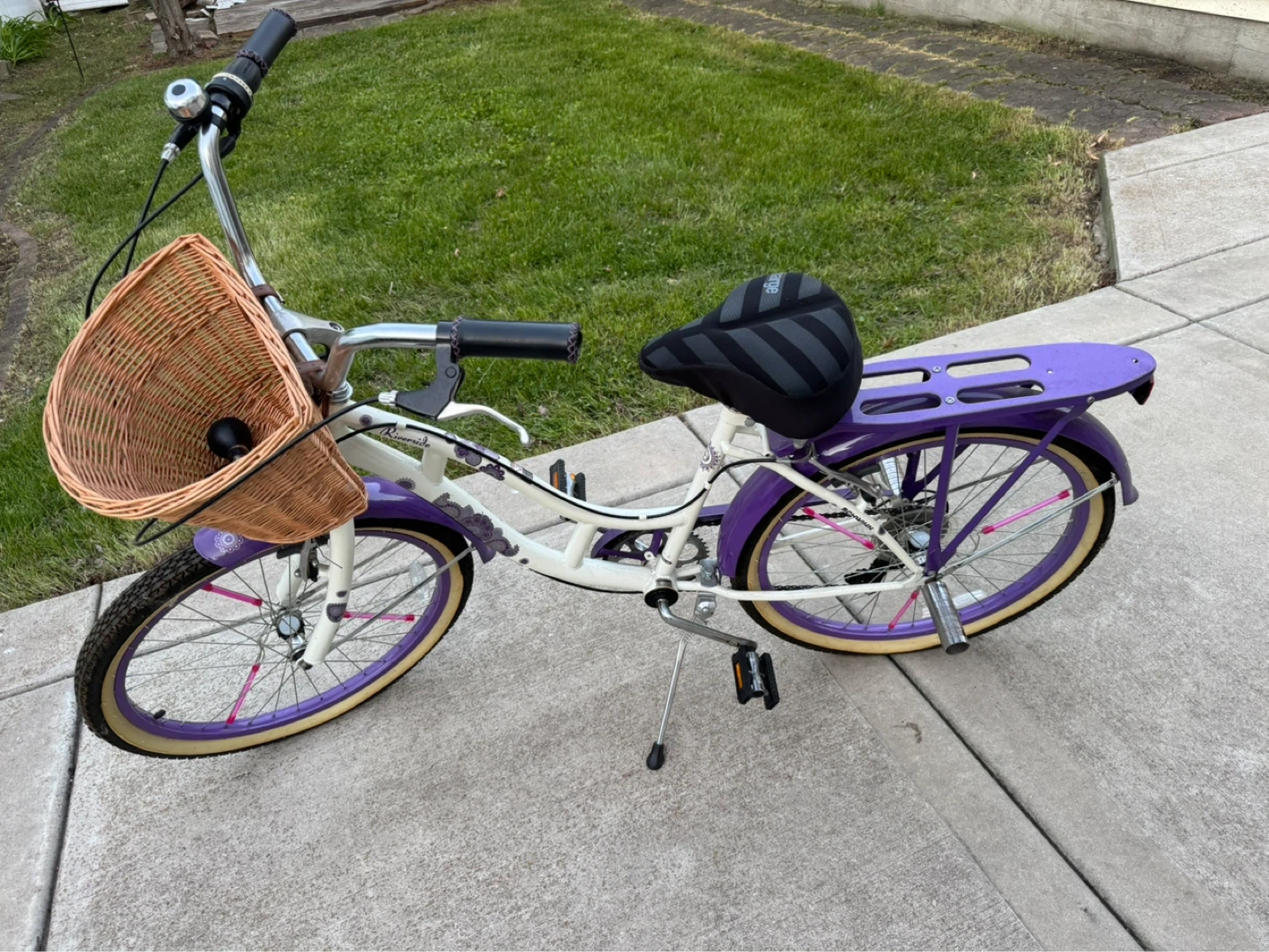 White and Purple Cruiser Bike with Basket