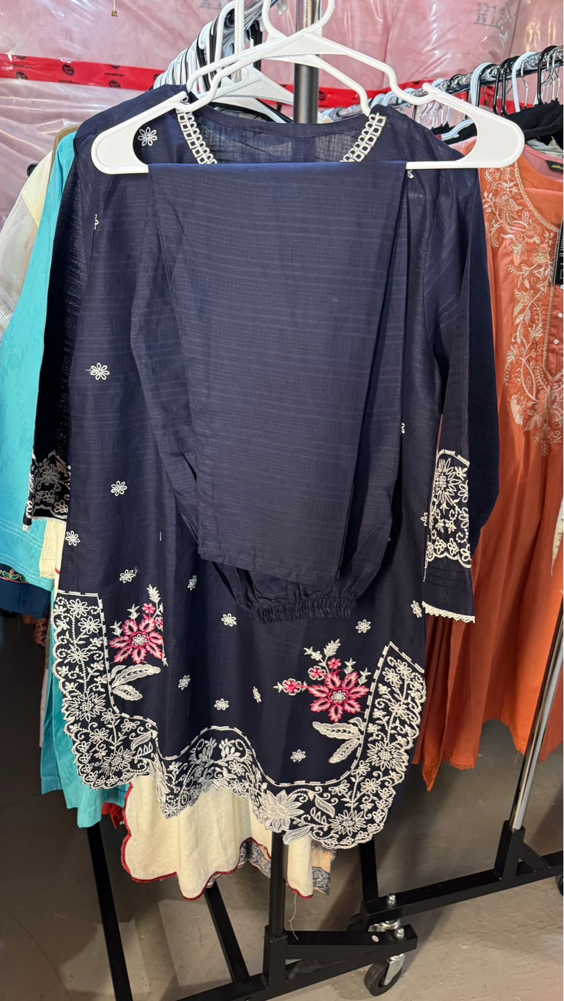 Navy Blue Embroidered Kurti and Pants Set