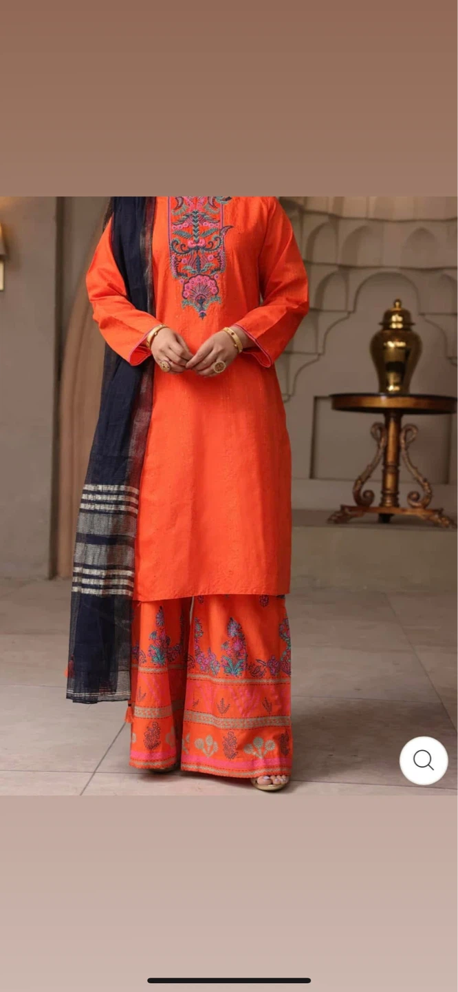 Orange Embroidered Kurta and Pants Set with Dupatta